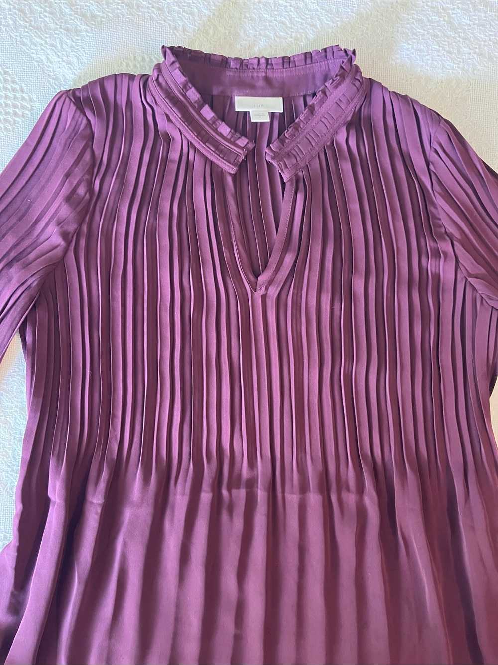 J. Jill Plum Pleated V-Neck Ruffle Poet Blouse in a Rich Burgundy Purple - Picture 3 of 9